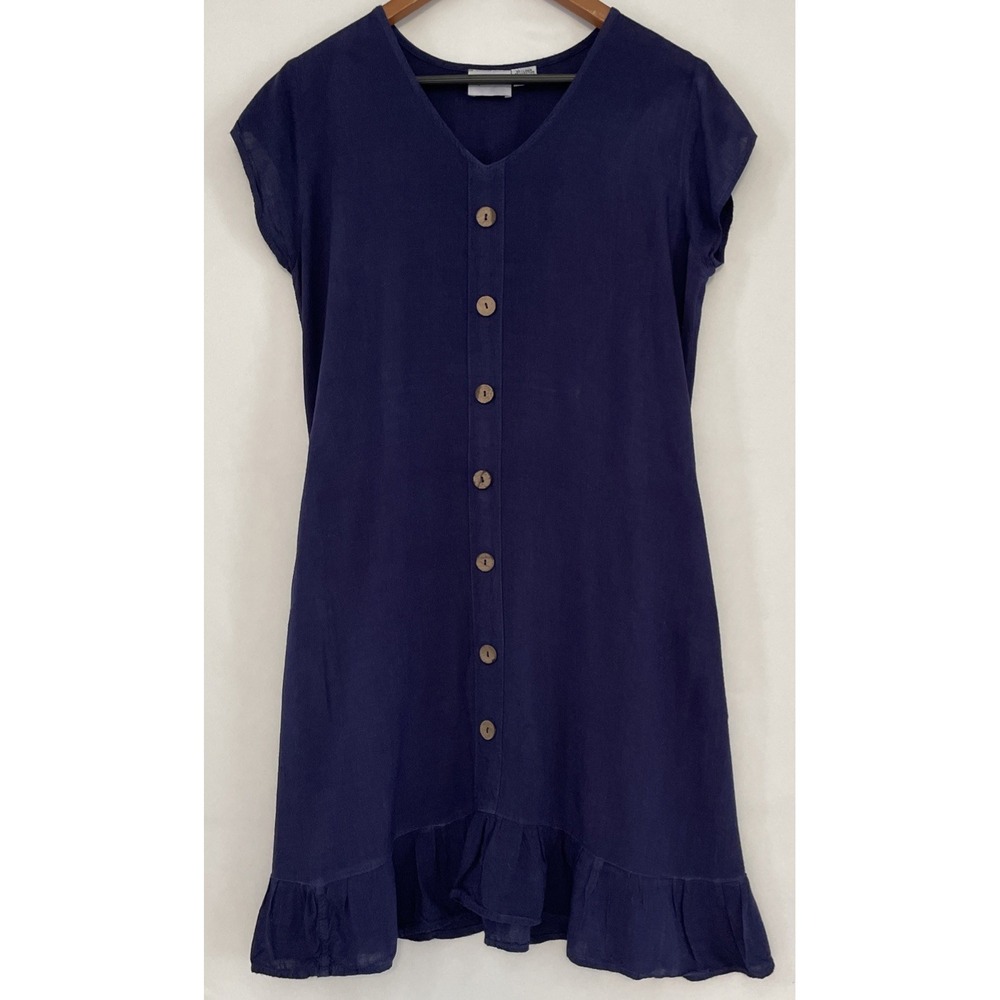 Linen Cotton Ruffle Hem Midi Dress Size Small Navy Blue Pockets Beach Festival